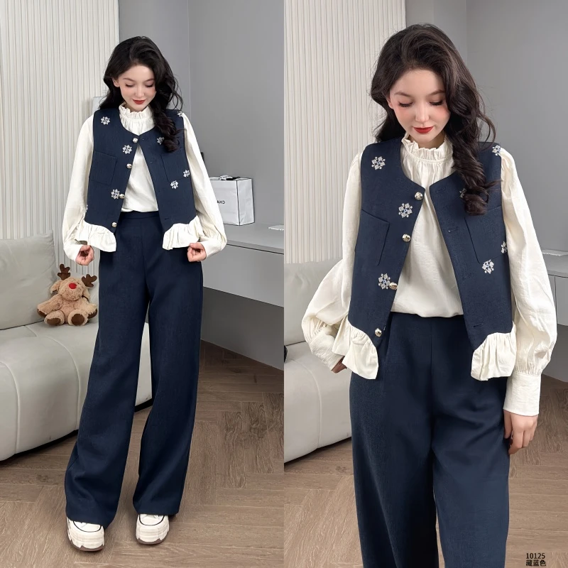 Saeda品牌女装小香风温柔刺绣马甲衬衫半身裙三件套YF10125