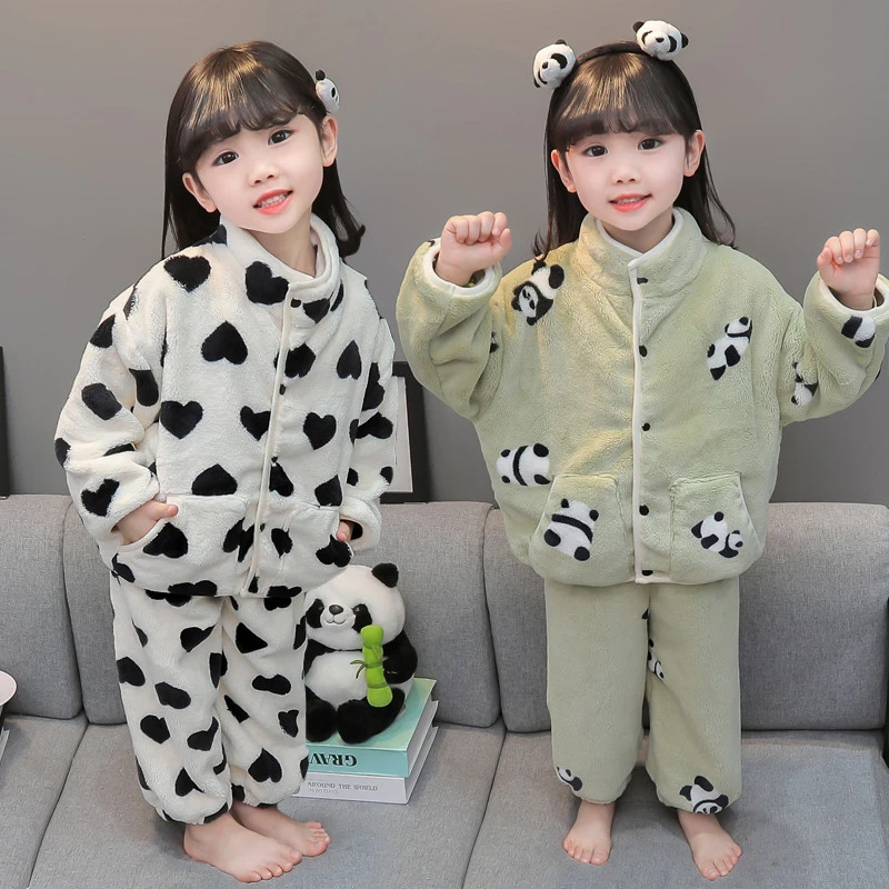 2024新款女孩睡衣秋冬季法兰绒珊瑚加绒加厚宝宝熊猫儿童家居服