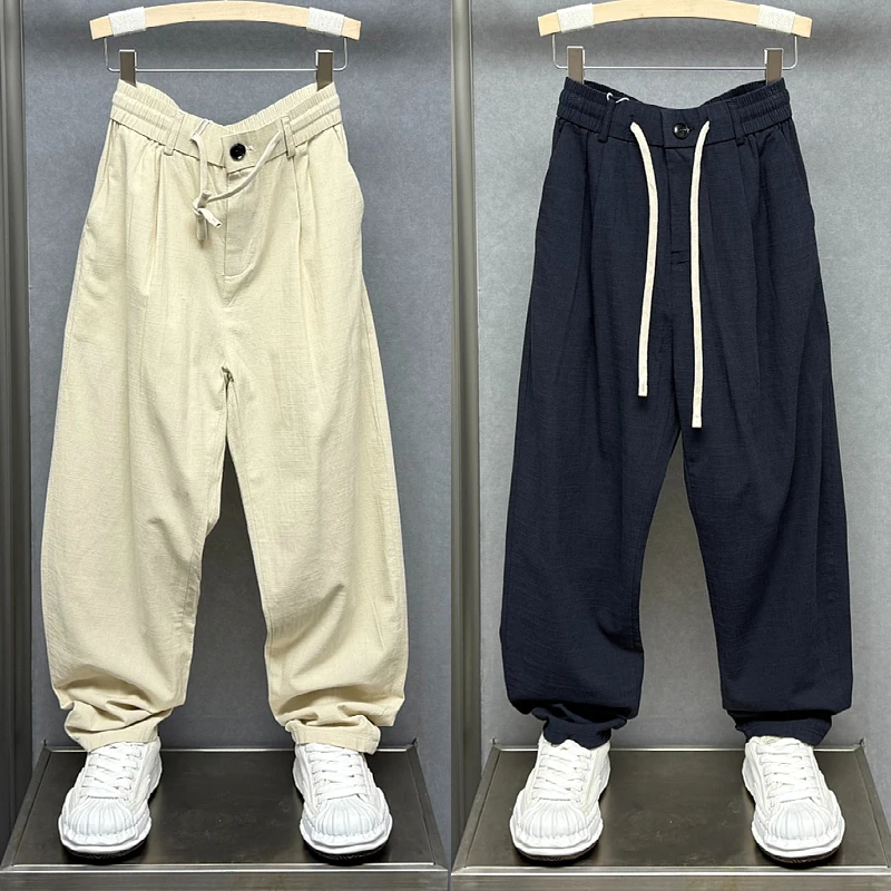 2025夏季新款潮牌宽松棉麻休闲裤男士潮流百搭纯色简约小脚老爹裤