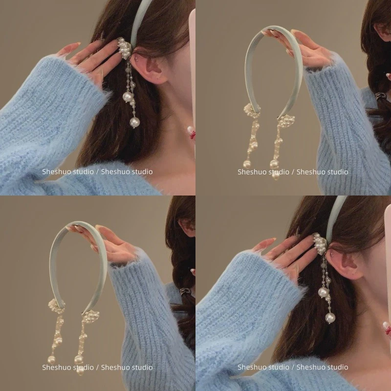 灵动美感！珍珠流苏缎面发箍头箍！春日气质高级感假耳环发卡发饰
