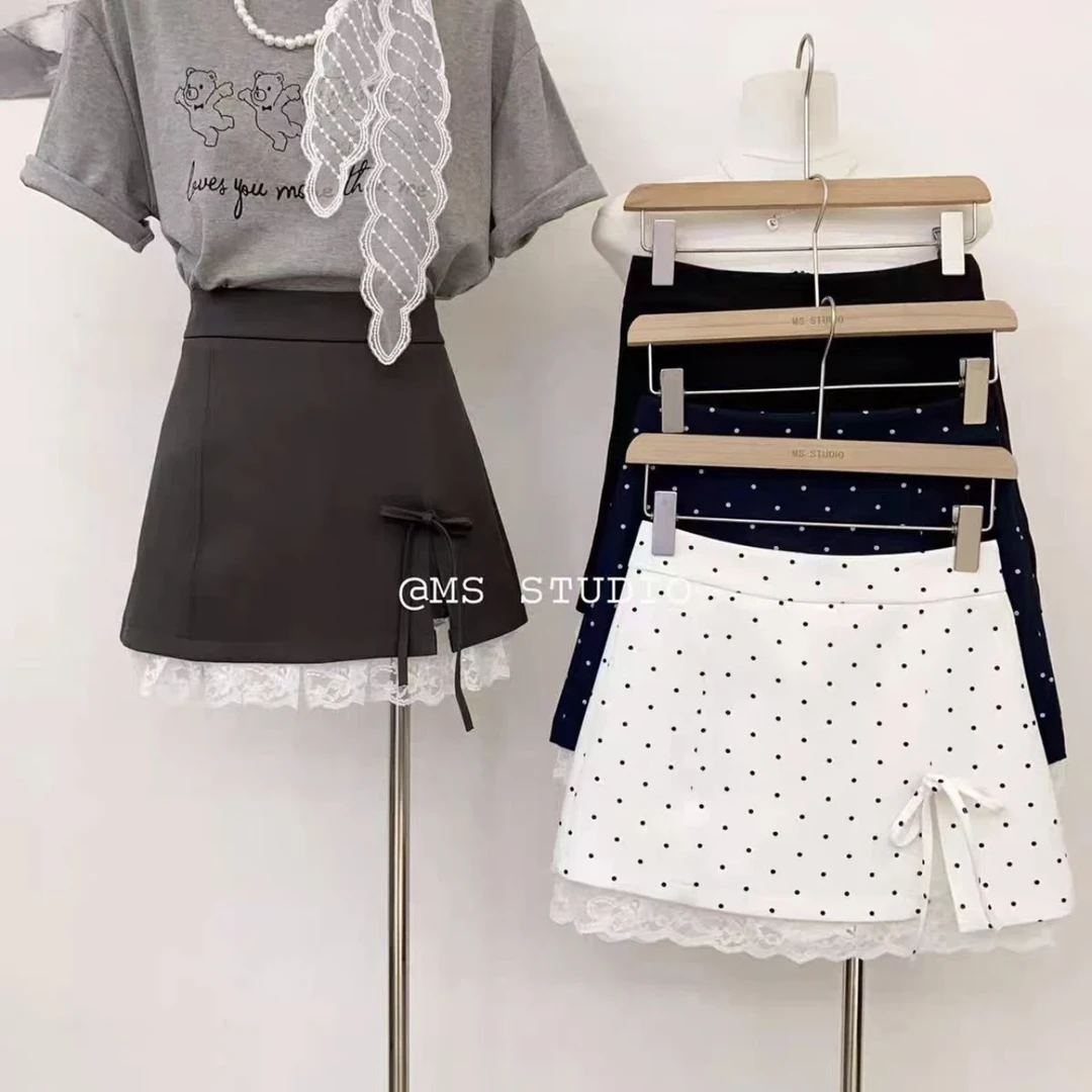 韩系甜美开叉蝴蝶结拼接蕾丝短裙女春夏新款防走光高腰波点A字裙