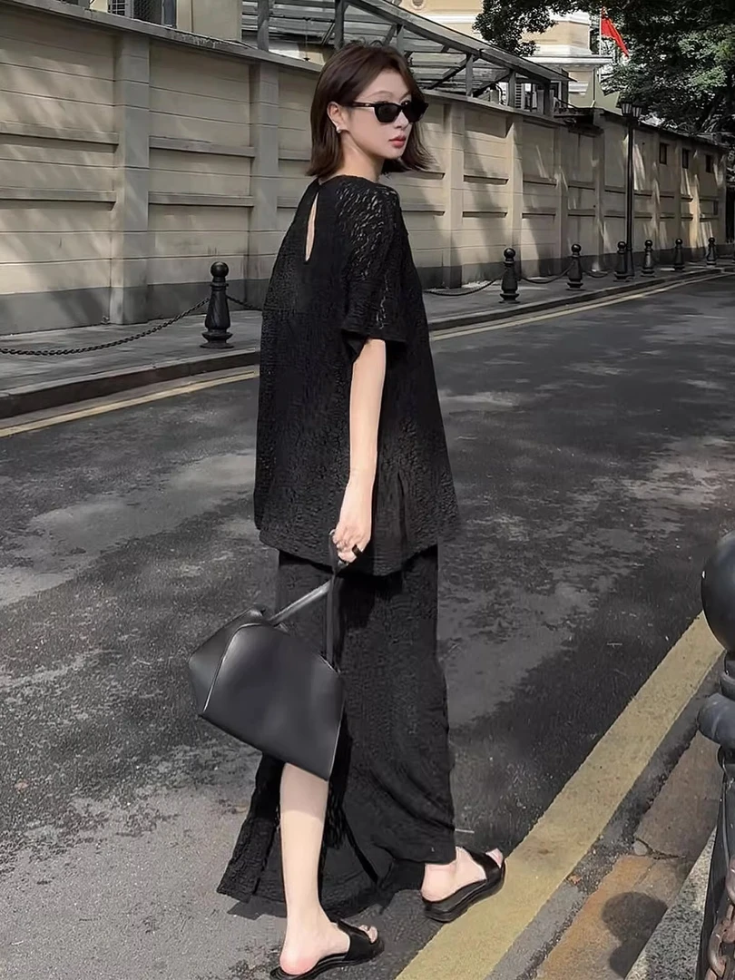 2025超火夏装新款穿搭一整套松弛感通勤休闲小香风黑色上衣两件套