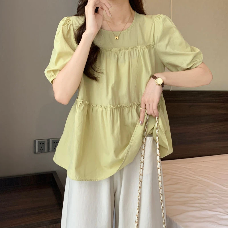 黄绿色泡泡袖短袖衬衫女夏季新款大码胖mm今年流行遮肚娃娃衫上衣