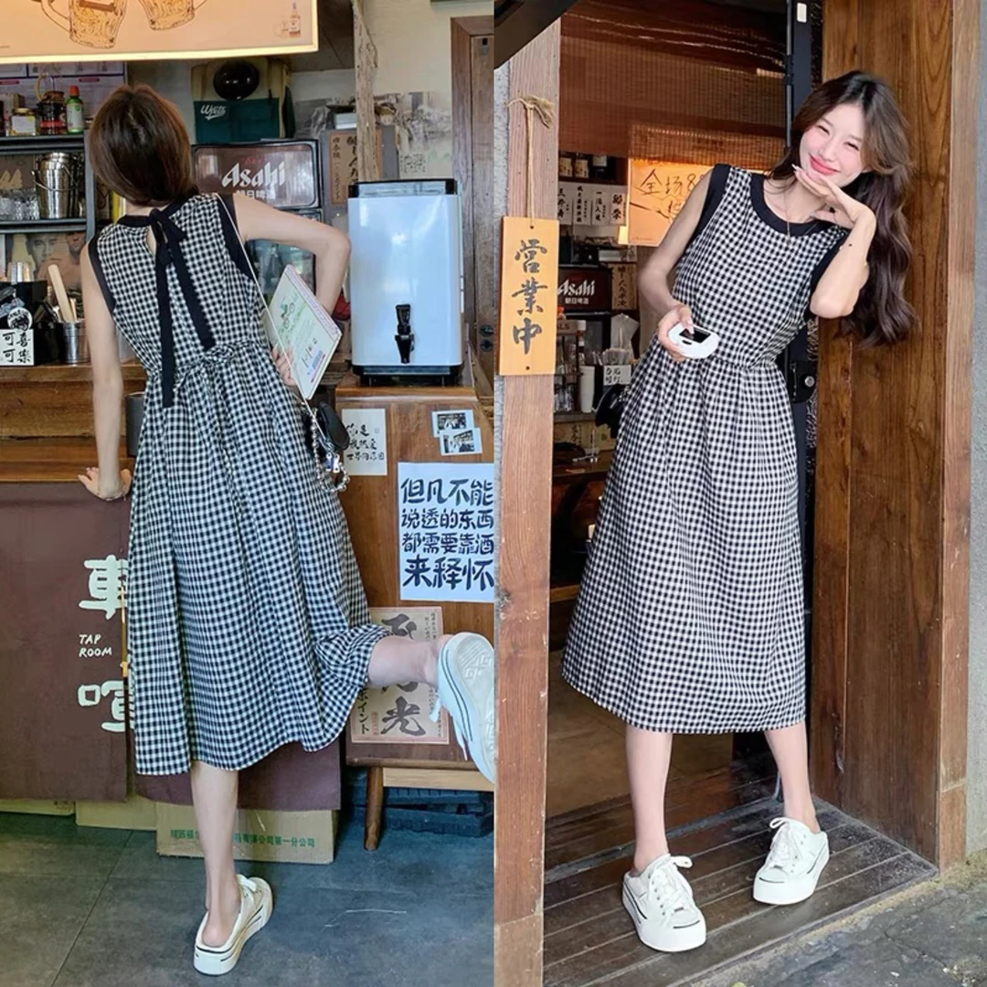 孕妇夏装连衣裙 2025新款时尚减龄格子无袖宽松背心裙子