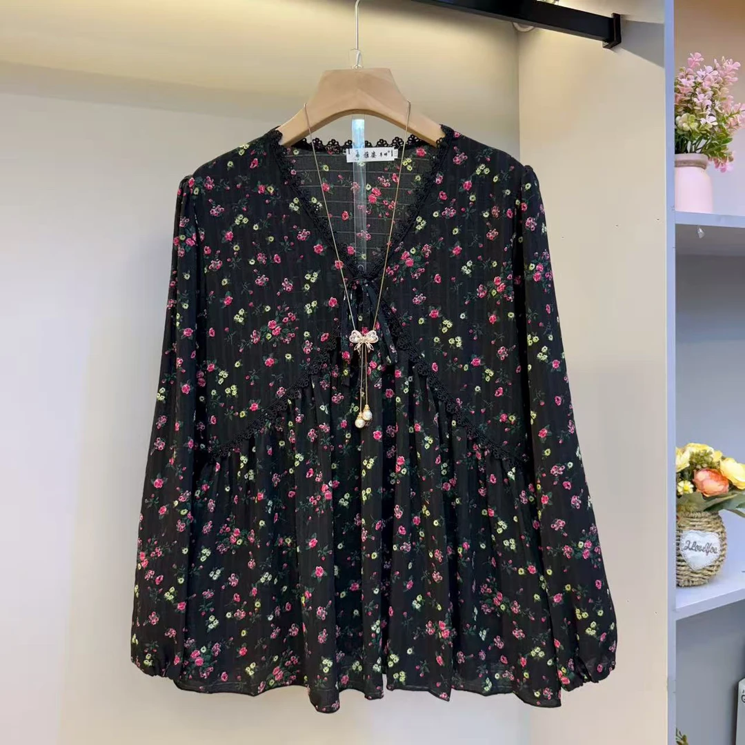 2025早秋V领宽松显瘦温柔风碎花女人衫