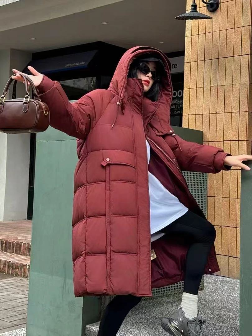 YH01125中长款纯色女款红色潮流保暖长款连帽