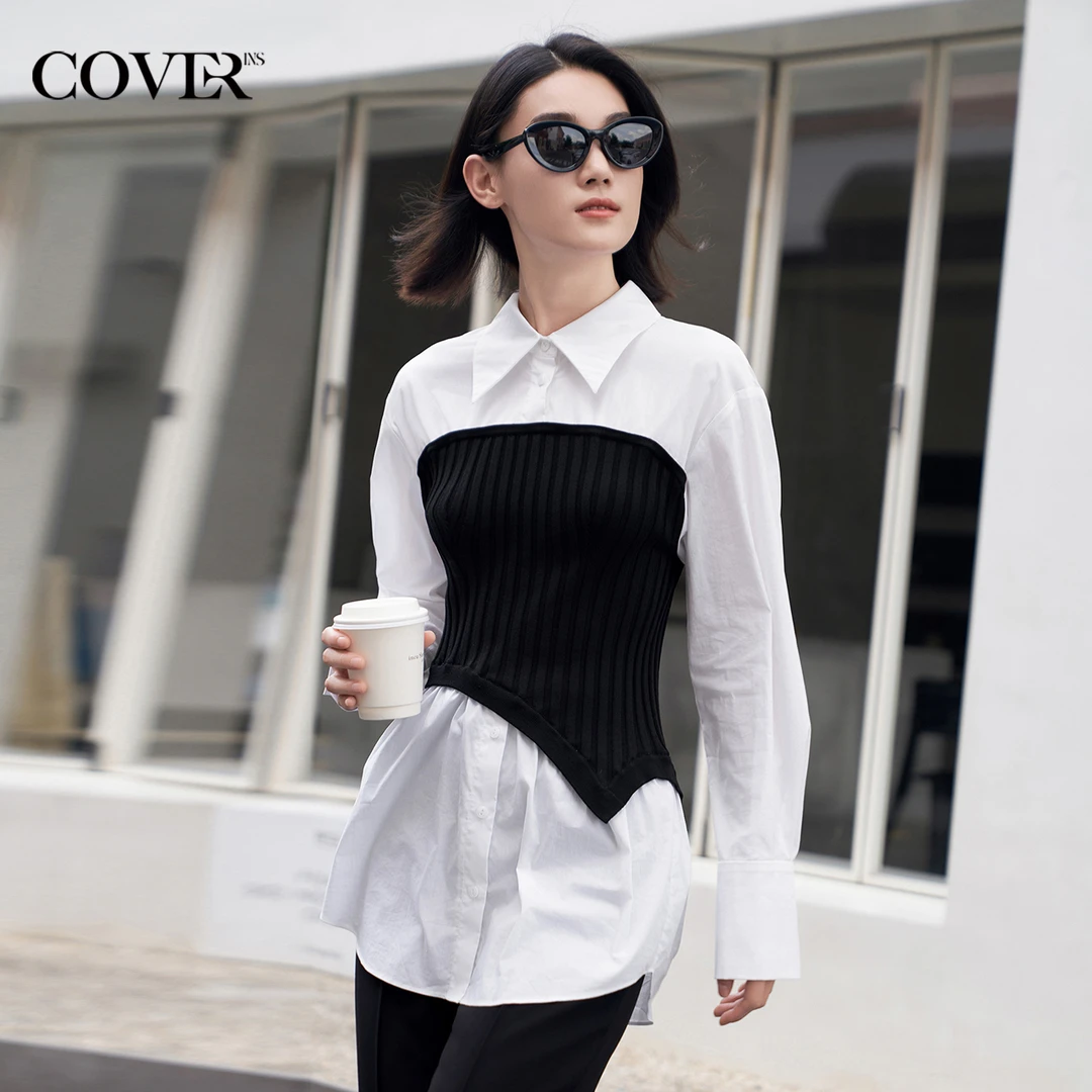 COVERINS2025夏季时髦收腰毛织拼接长袖衬衫