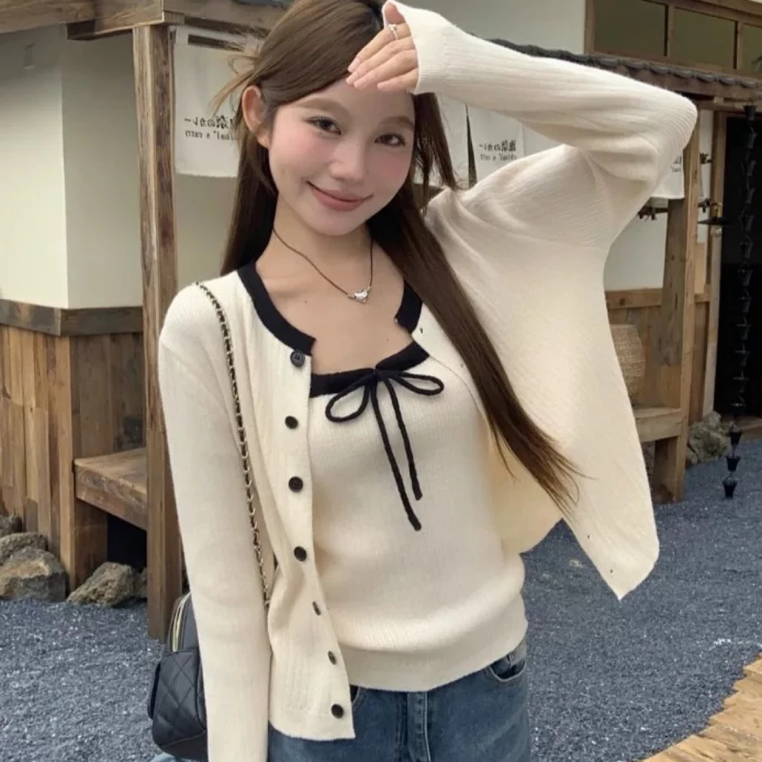 大码胖MM韩系针织开衫吊带背心两件套女早秋季新款软糯氛围感套装