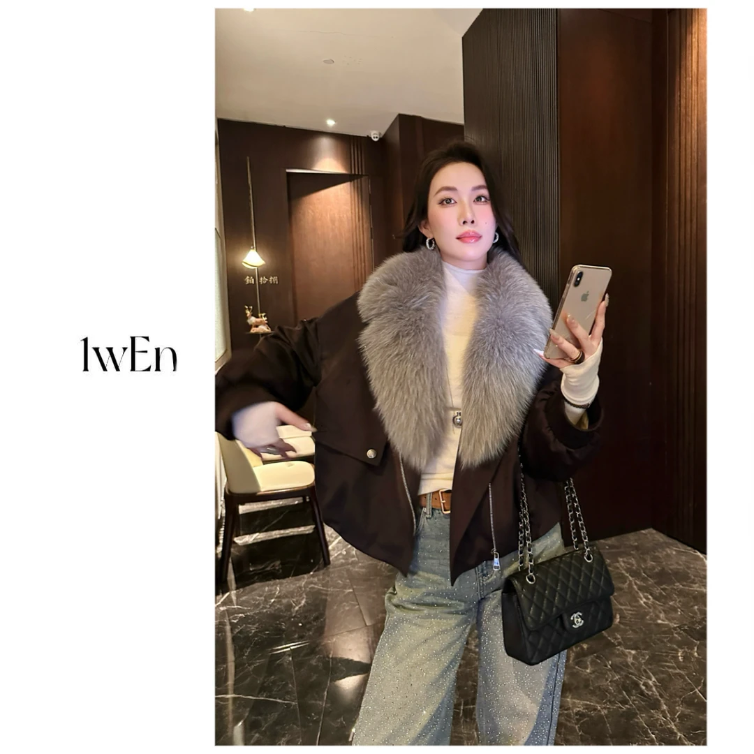 杰瑞【古堡黄昏】狐狸大毛领鹅绒派克服季新款麂皮绒90鹅绒羽绒服