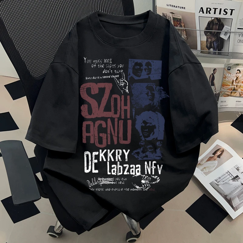 jtrt美式复古做旧人像字母印花宽松圆领短袖T恤潮牌百搭休闲上衣