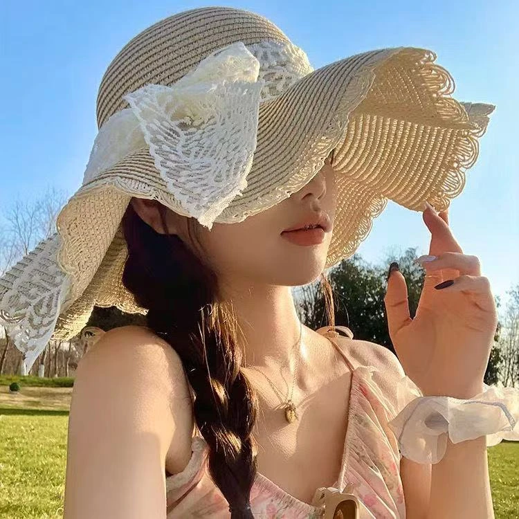 小众洋气夏季防晒遮阳帽子甜美渔夫帽透气蕾丝蝴蝶结大帽檐草帽女