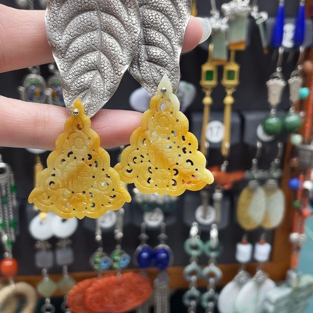 丽***川翡翠银S925镶嵌耳饰饰品