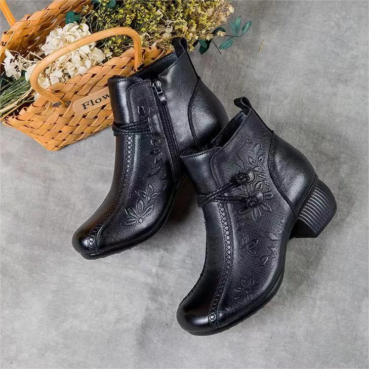 短靴软皮民族2024秋冬新款圆头复古中老年单靴中年妈妈软底加绒靴