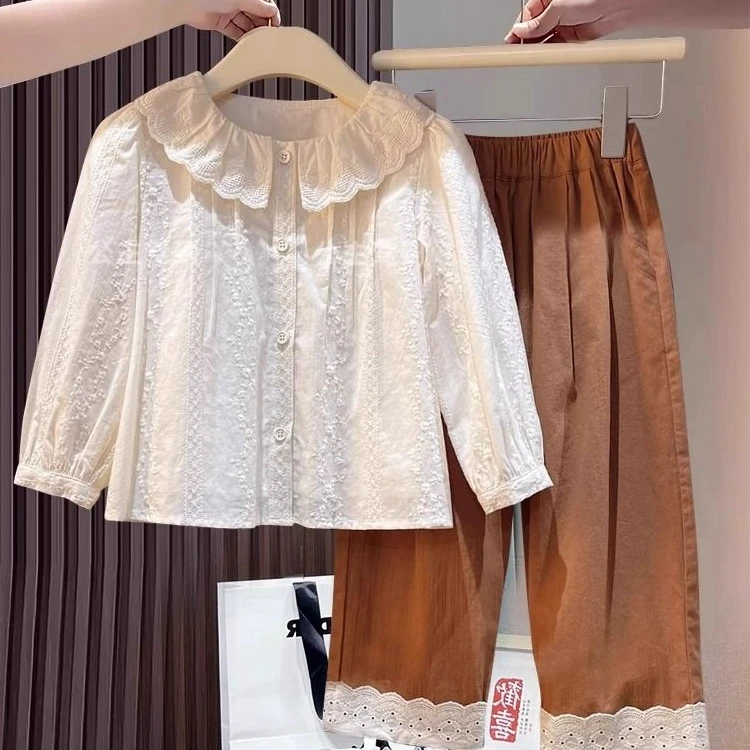 女童网红套装秋季2025新款森系娃娃衫领衬衫花边阔腿裤大童两件套