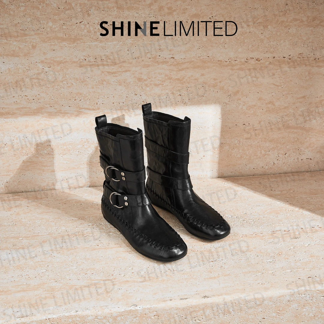 SHINELIMITED2025欧洲站秋冬季胎牛版圆头百搭皮带扣短靴女G2663