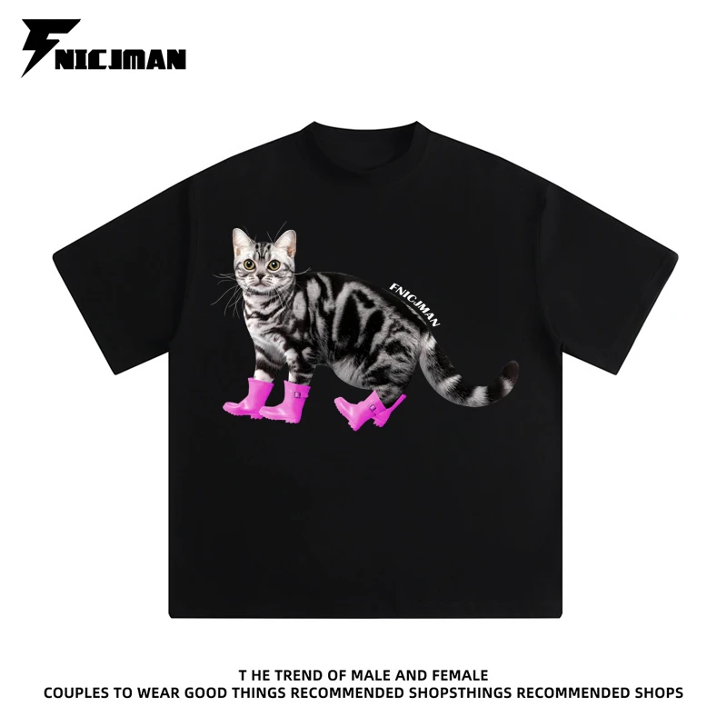 FNICJMAN夏季新款(白虎纹猫)280克纯棉男女同款数码直喷短袖