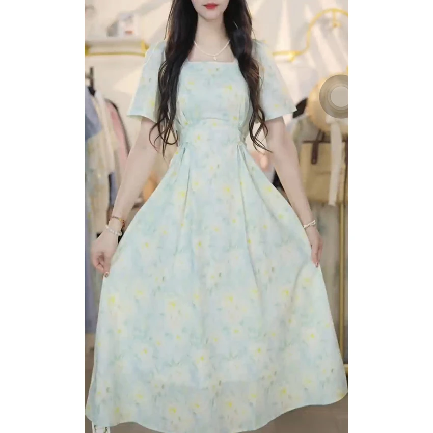 L5327 方领连衣裙女遮肚2025夏季宽松碎花显瘦时尚减龄套装长裙