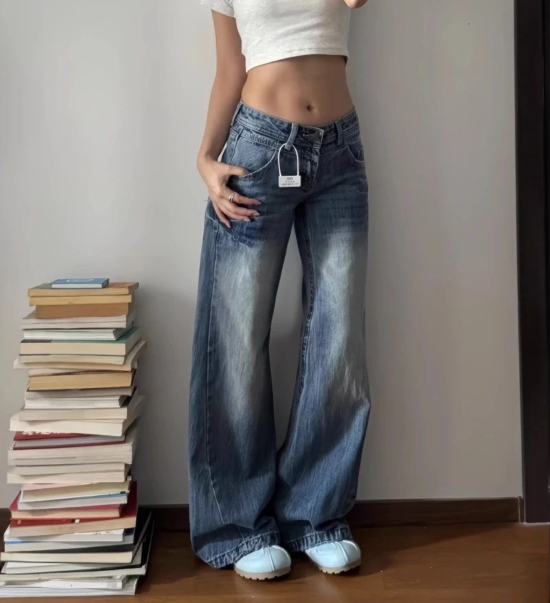 美式辣妹水洗蓝低腰裤子显瘦阔腿女士新款阔腿裤不贴腿牛仔裤