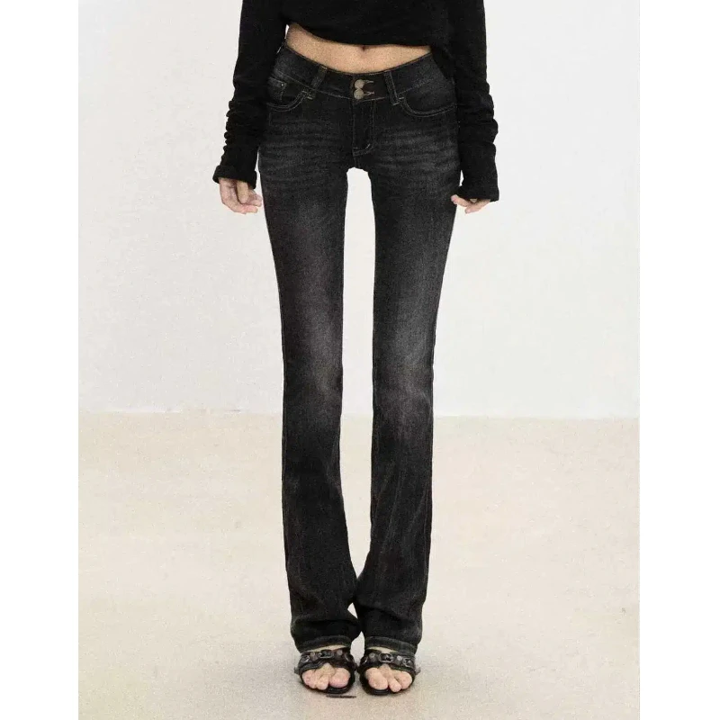 LELEPENG 黑色低腰辣妹窄版显瘦水洗小众设计牛仔裤 2524156