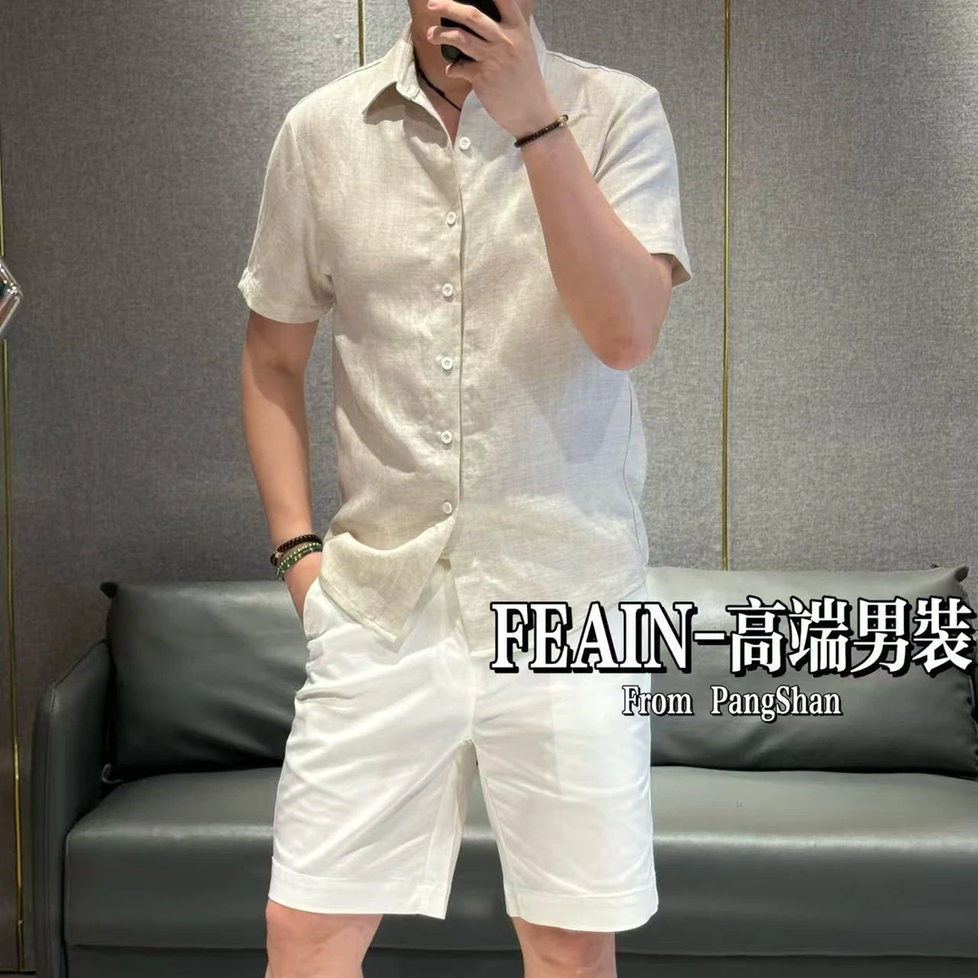 【100%亚麻】高端男士老钱风进口亚麻短袖衬衫6661