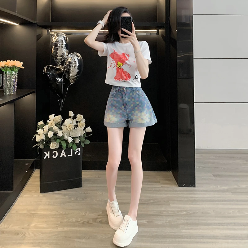 夏季新款显瘦短袖T恤辣妹上衣格子牛仔短裤高腰a字卷边三分阔腿裤