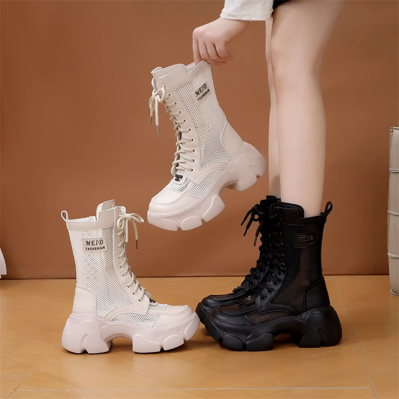 7cm厚底增高中筒靴女2025夏季新款时尚百搭小个子网纱透气马丁靴