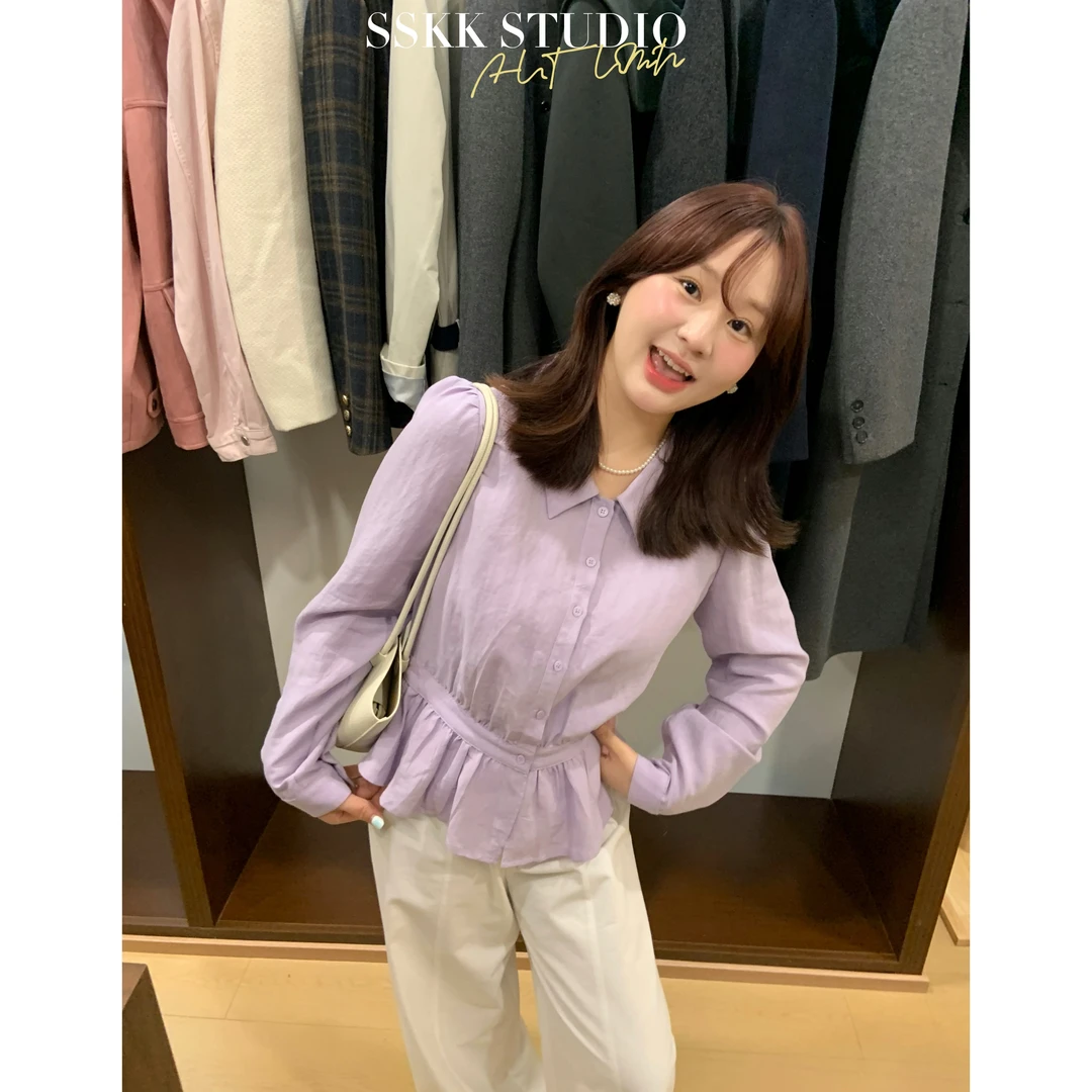 KMZY/KMZY山_山【韩系甜妹】微胖早秋韩版翻领单排扣荷叶边短袖衬衫