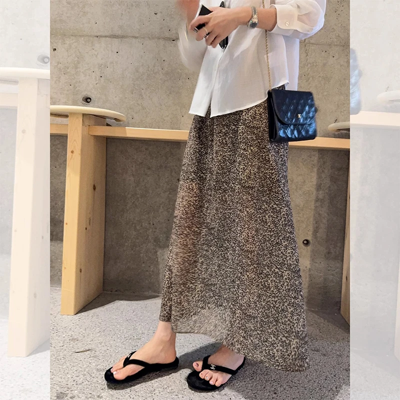 豹纹半身裙女2025夏季薄款高腰显瘦小个子垂感气质雪纺a字中长裙