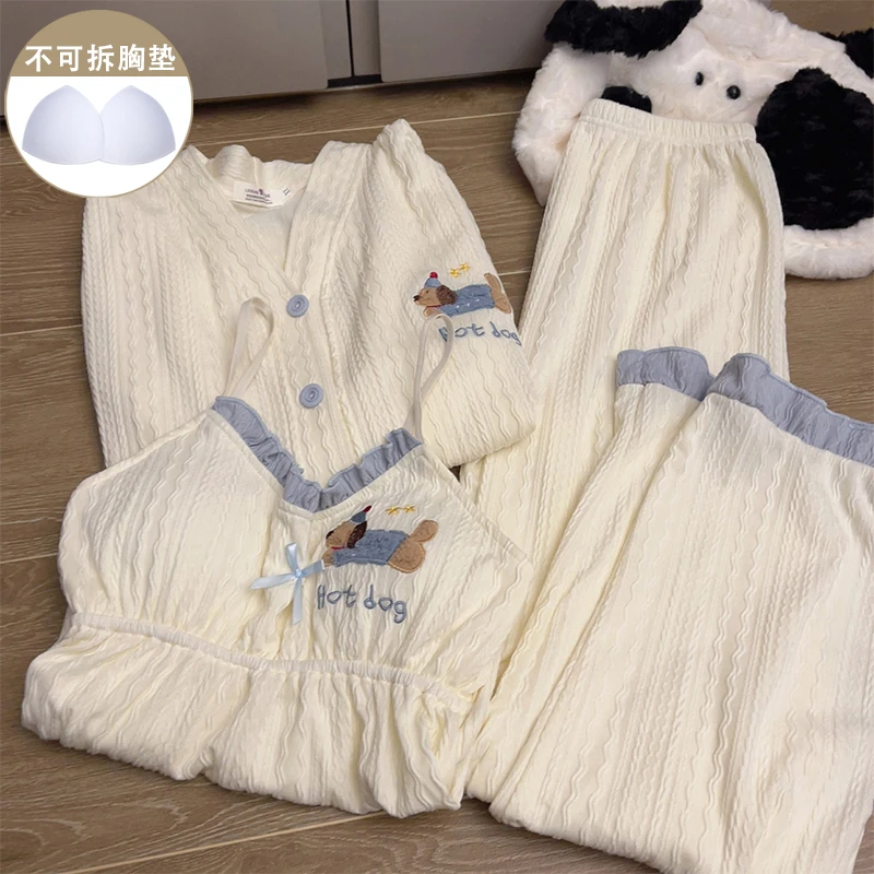 韩系ins风睡衣女春秋季带胸垫吊带卡通可爱小狗棉质三件套家居服
