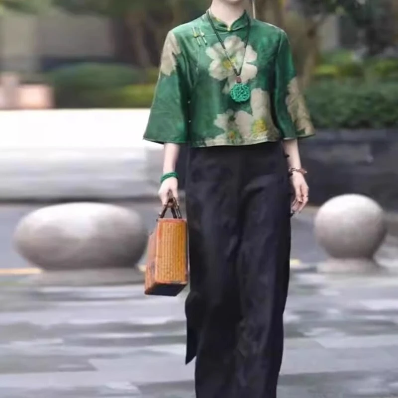 2025女款中式国风香云纱套装春夏新款改良旗袍定位印花上衣旗袍裙