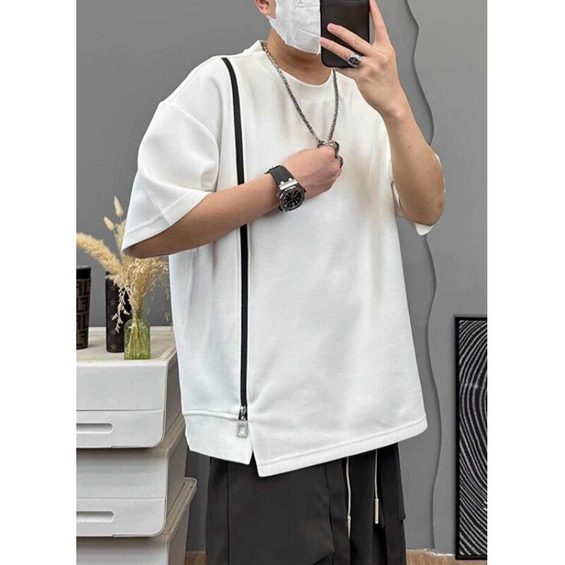 仓石一树男士短袖衫个性拉链上衣服宽松百搭休闲半袖轻奢痞帅男装