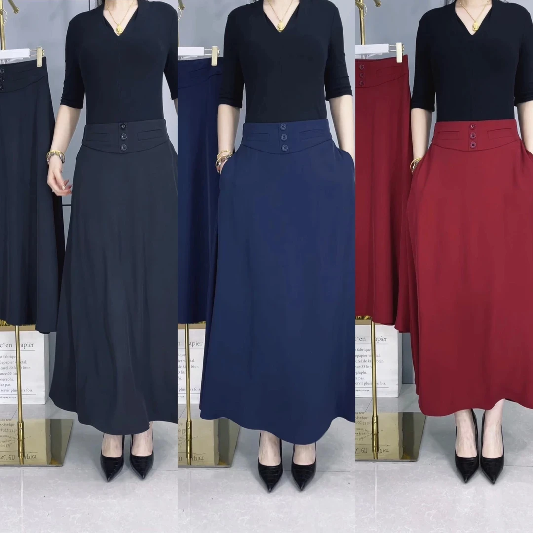 23013早春新款时尚显瘦妈妈垂感三扣女士半身大摆裙气质百搭