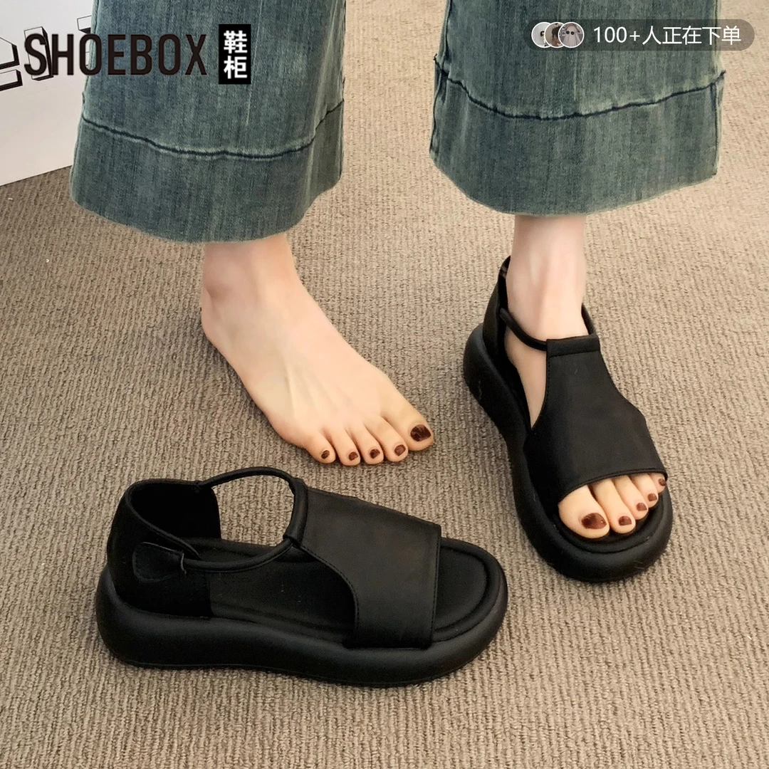SHOEBOX鞋柜平底凉鞋女2025新款夏外穿复古露趾厚底休闲罗马鞋