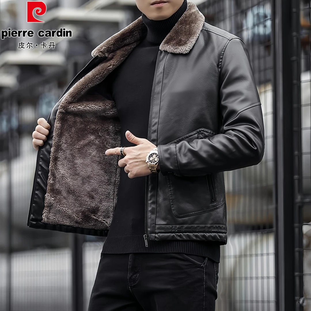 皮尔卡丹软皮修身翻领皮衣男士时尚潮流加绒保暖休闲秋冬夹克外套