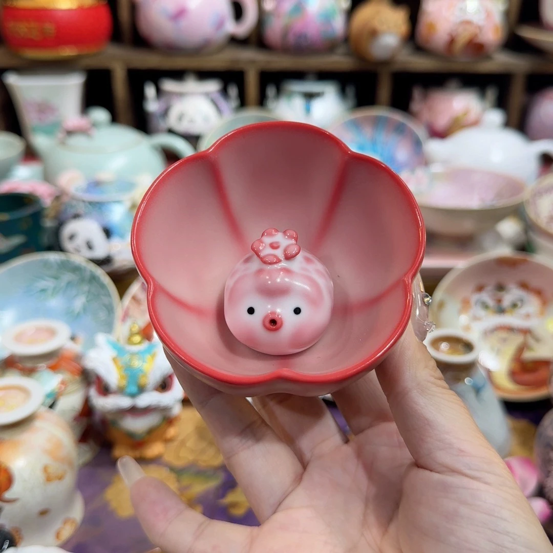 创意陶瓷泡泡鱼摆件茶宠猪油冻红胎茶杯两件套红胎主人杯吐泡泡鱼