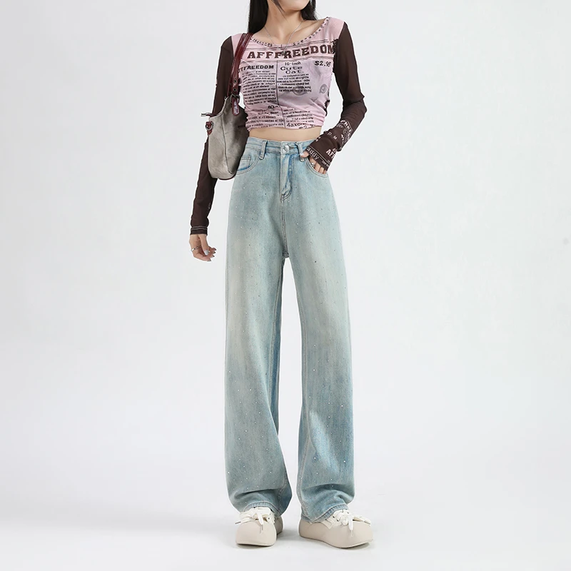 设计感烫钻牛仔裤女秋季显瘦裤子高腰直筒裤宽松阔腿裤拖地裤长裤