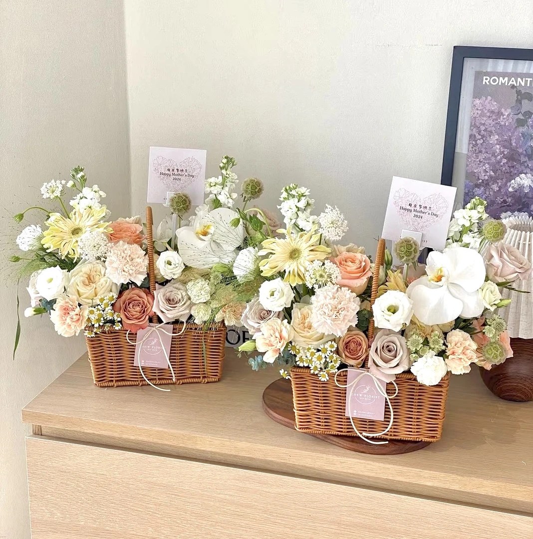 仿藤手工编织手提花篮花盆长方型干花插花园艺花盆防水收纳鲜花蓝