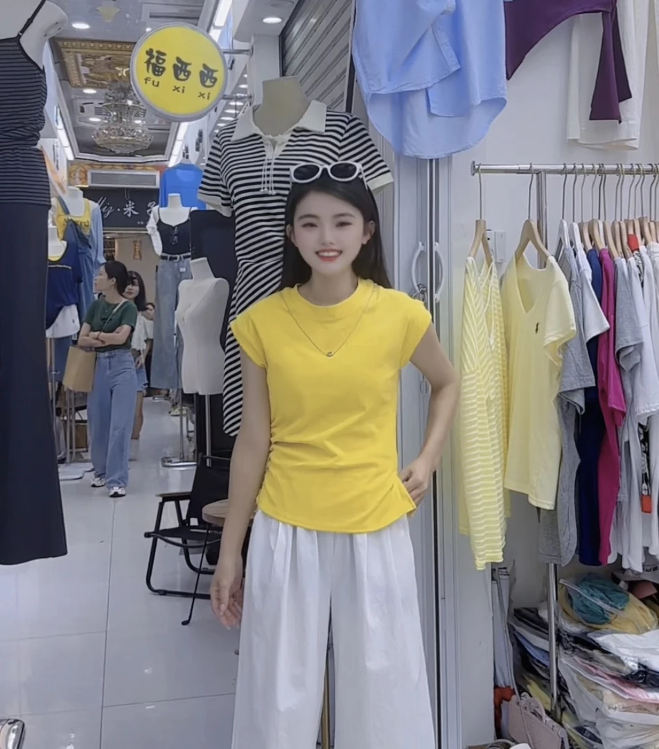 《盈盈家》褶皱短款飞飞袖常规款厌世风T恤显瘦