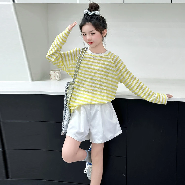 女童夏装防蚊长袖薄款海边度假防晒衣女宝宝宽松上衣短裤两件套潮