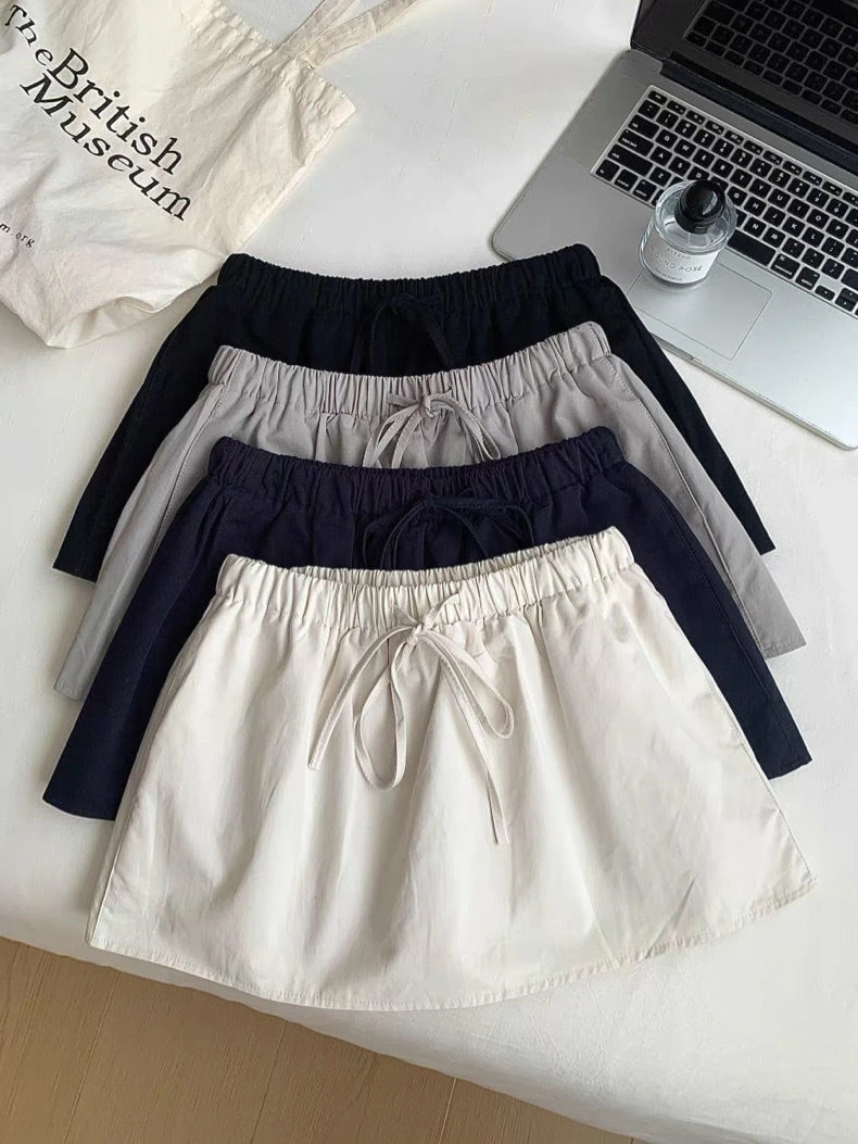 杏色辣妹防走光短裙女夏新款松紧腰抽绳高腰显瘦半身裙百搭a字裙