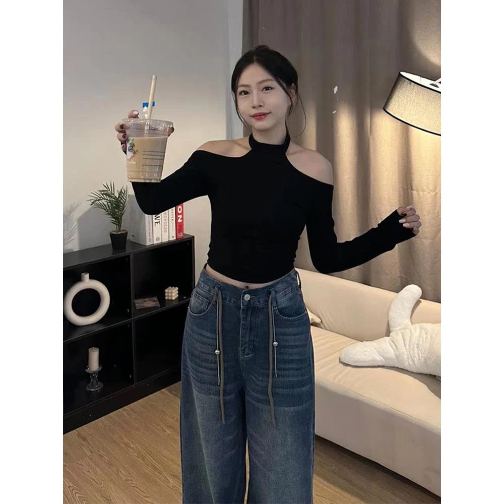 正反两穿一字肩露肩辣妹长袖T恤女早秋新款修身显瘦短款挂脖上衣
