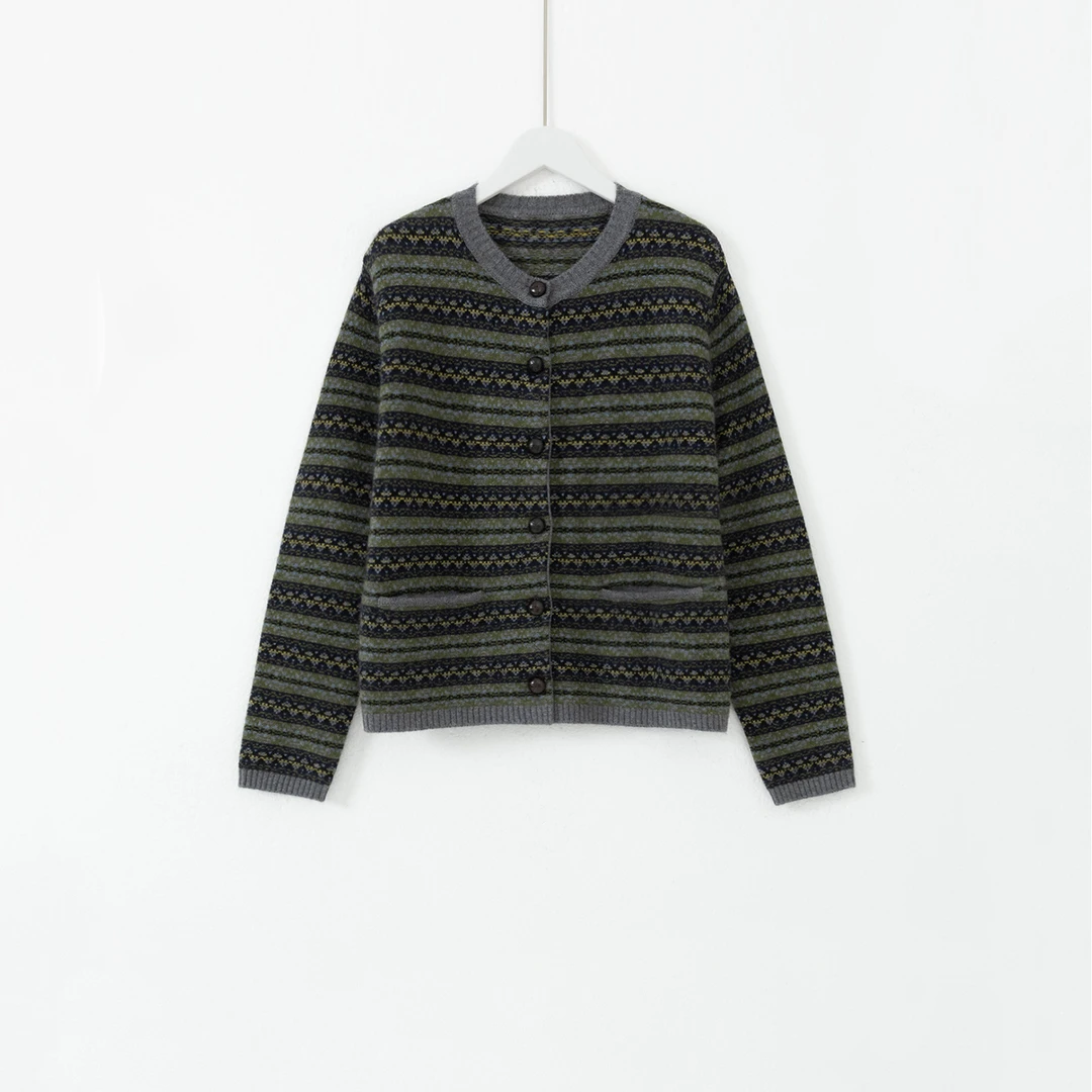 几里与麻 拼色圆领条纹提花针织开衫 2101355