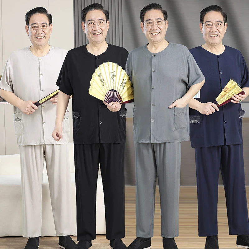 爸爸装夏季短袖九分裤套装男睡衣2025年新款刺绣两件套休闲家居服