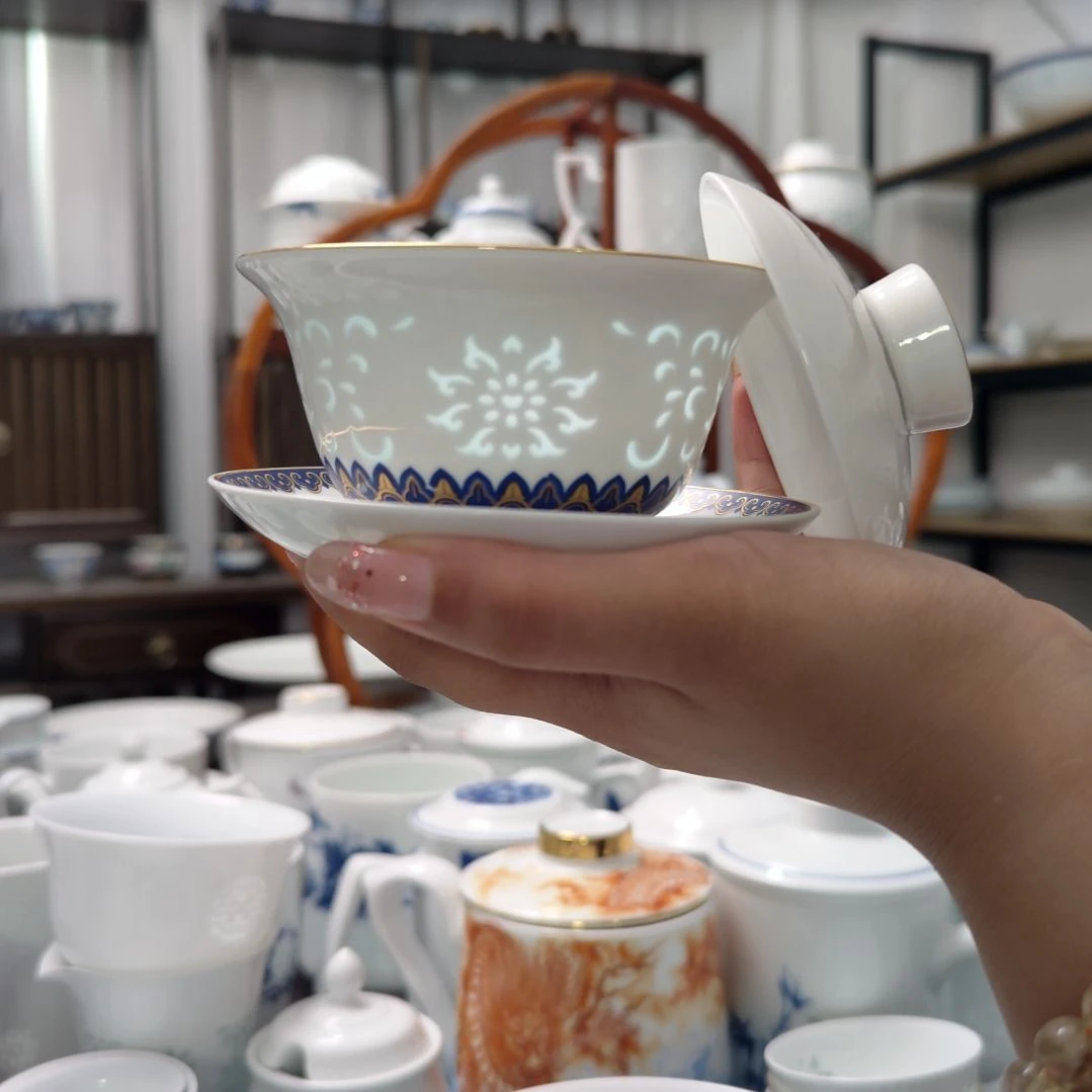 瓷鸿运连连三才盖碗一套