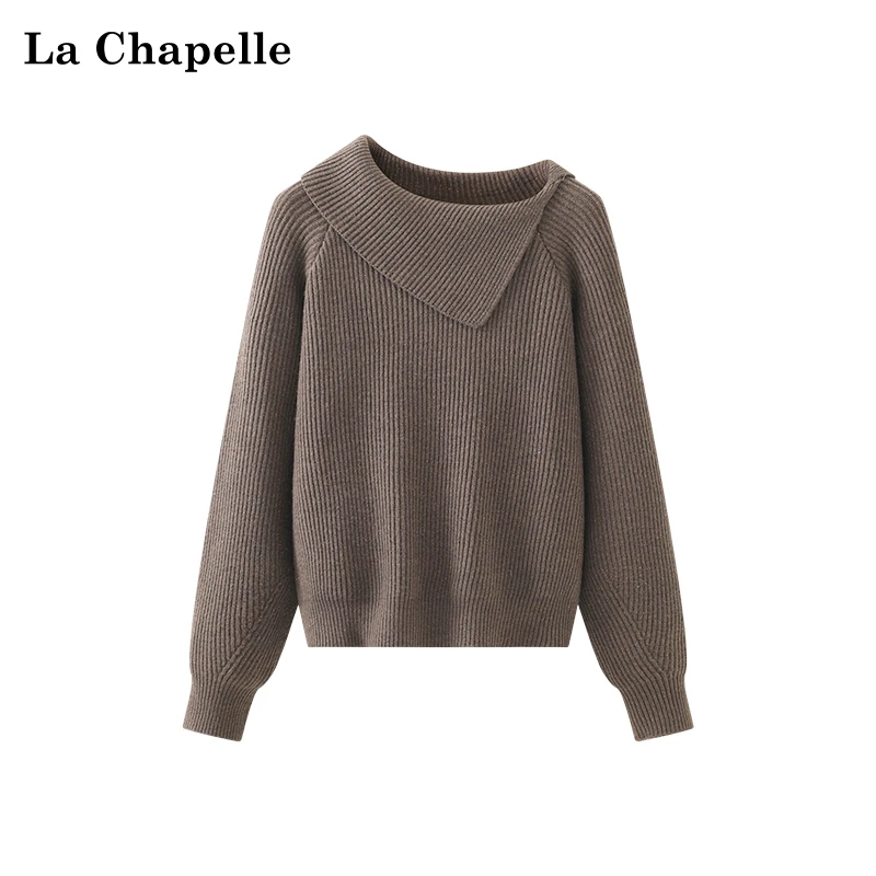 拉夏贝尔不规则斜翻领亮丝针织毛衣女软糯宽松厚上衣新款高级时尚