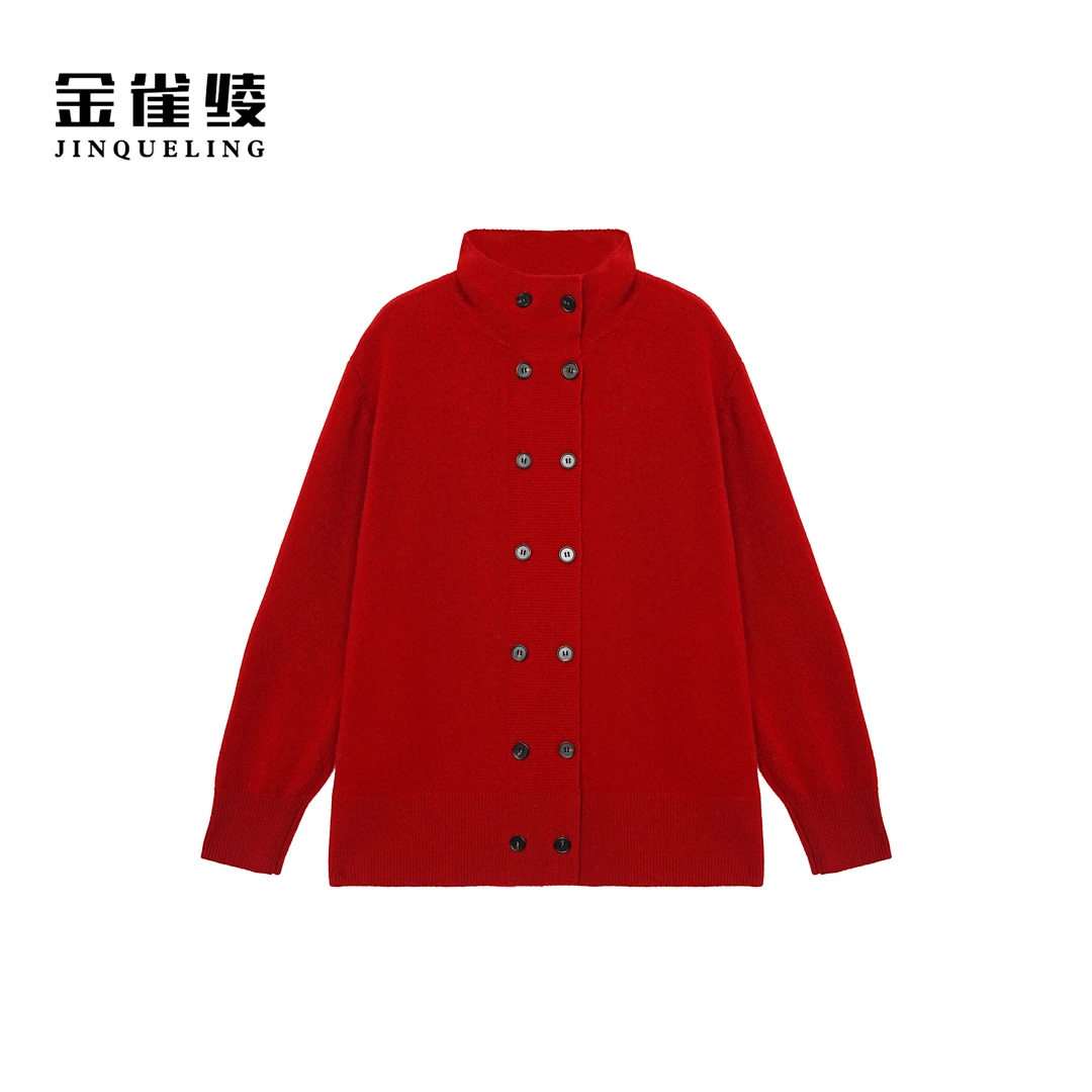 金雀绫【红磨坊】红色高领时尚显瘦加宽加大开衫毛衣SZAK4TXZH216