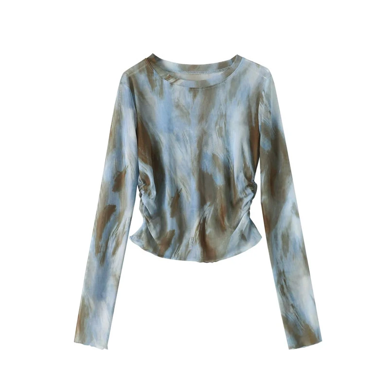 短款收腰长袖网纱上衣女夏蓝色扎染设计感薄款防晒衫女