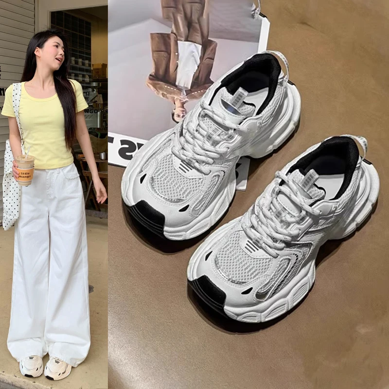 新百伦百搭炸街厚底老爹鞋女款2025新款百搭网面透气轻便增高银色