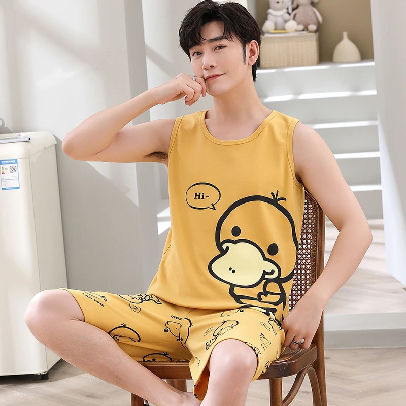 青少年男睡衣夏季薄款纯棉套装家居服无袖背心短裤可外穿学生卡通