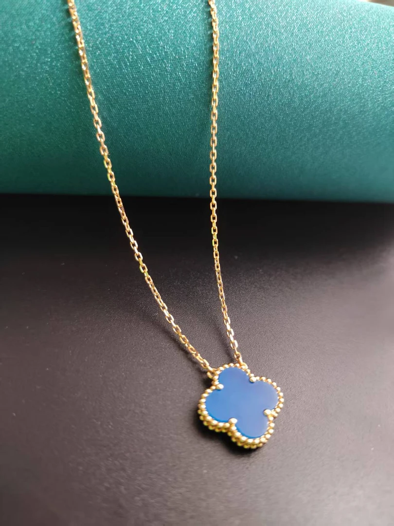 【双12活动专场】18K金镶嵌蓝玛瑙单花四叶草套链42cm浅金色